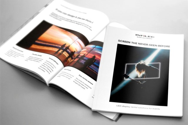 Infiled LED display catalogue sheets, promoting their products and resources