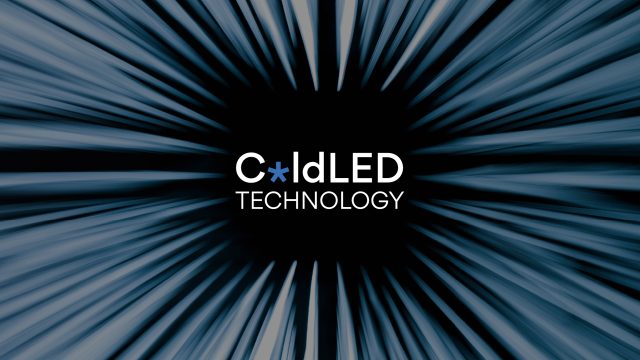 Blue and black background with an embossed striped pattern and the text “CldLED” in the center.