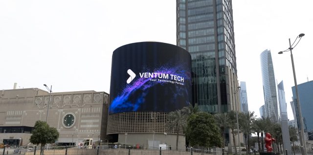 INFiLED MVmk2 Series curved outdoor LED screen on a building facade in Doha