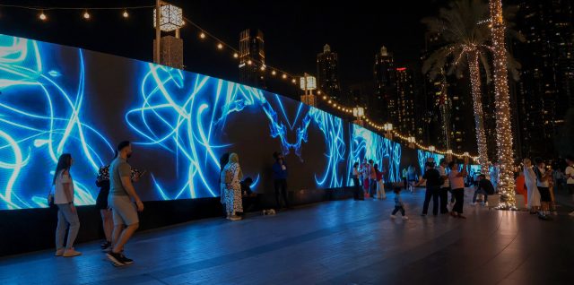 INFiLED MVmk2 Series LED wall along the Dubai Fountain promenade at night