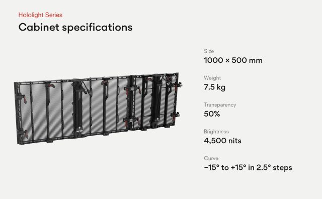 INFiLED Hololight Series cabinet specifications: 1000 by 500 mm, 7.5 kg, 50 percent transparency, 4,500 nits, curves from minus 15 to plus 15 degrees in 2.5 degree steps