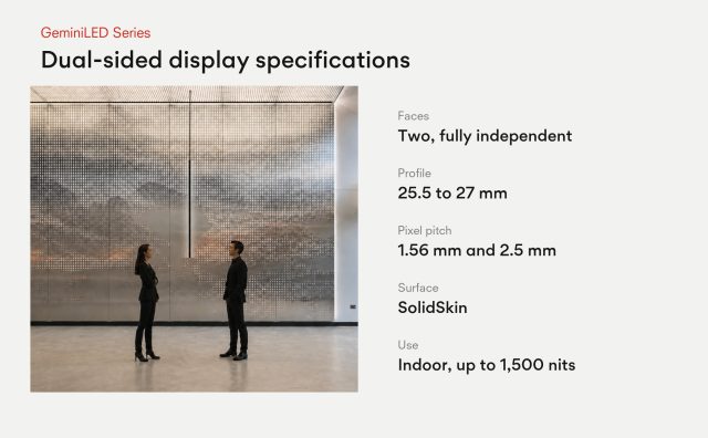 INFiLED GeminiLED Series specifications: two independent faces, 25.5 to 27 mm profile, 1.56 mm and 2.5 mm pixel pitch, SolidSkin surface, indoor up to 1,500 nits