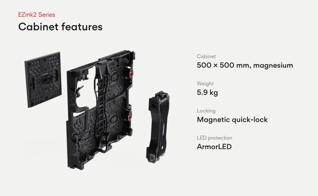 INFiLED EZmk2 Series cabinet features: 500 by 500 mm magnesium cabinet, 5.9 kg, magnetic quick-lock, ArmorLED